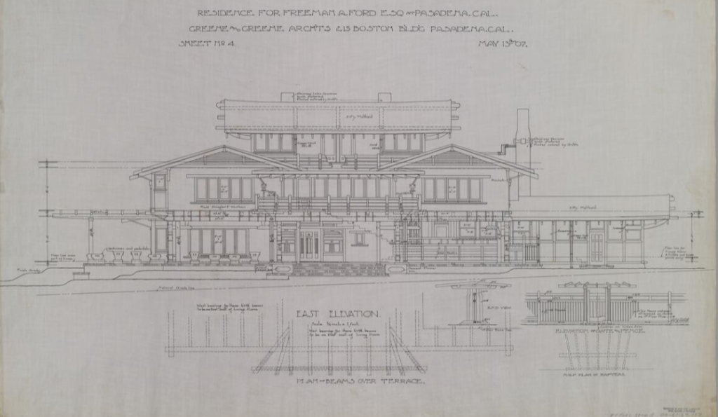 Architectural elevation drawing of the east facade of the Freeman A. Ford House.