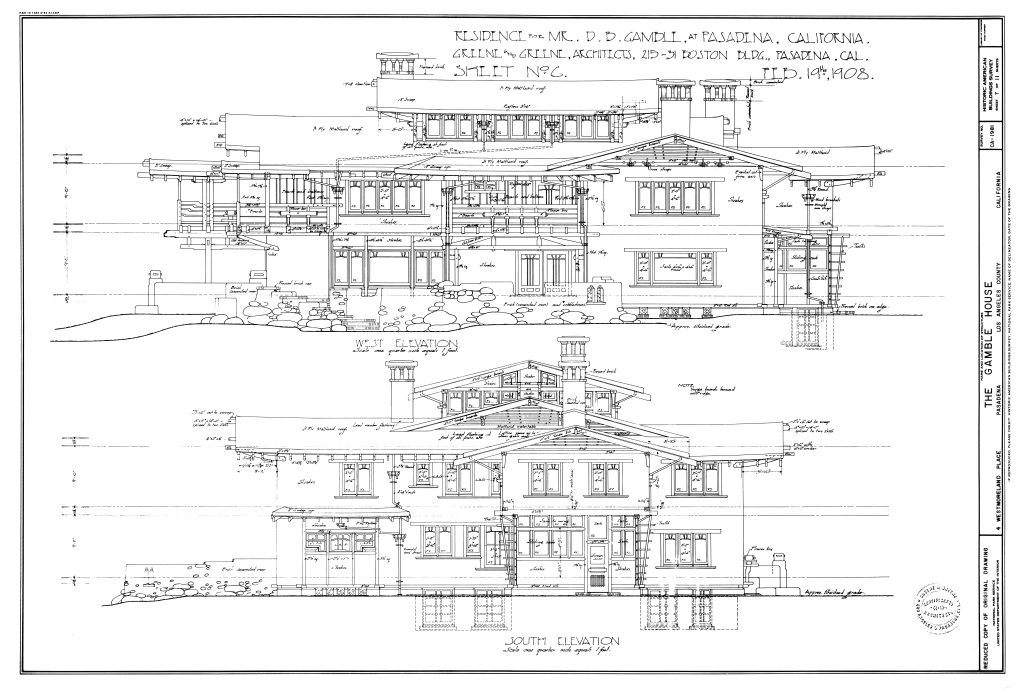 Original architectural elevation drawings by Greene and Greene showing the west and south facades of the David B. Gamble House.