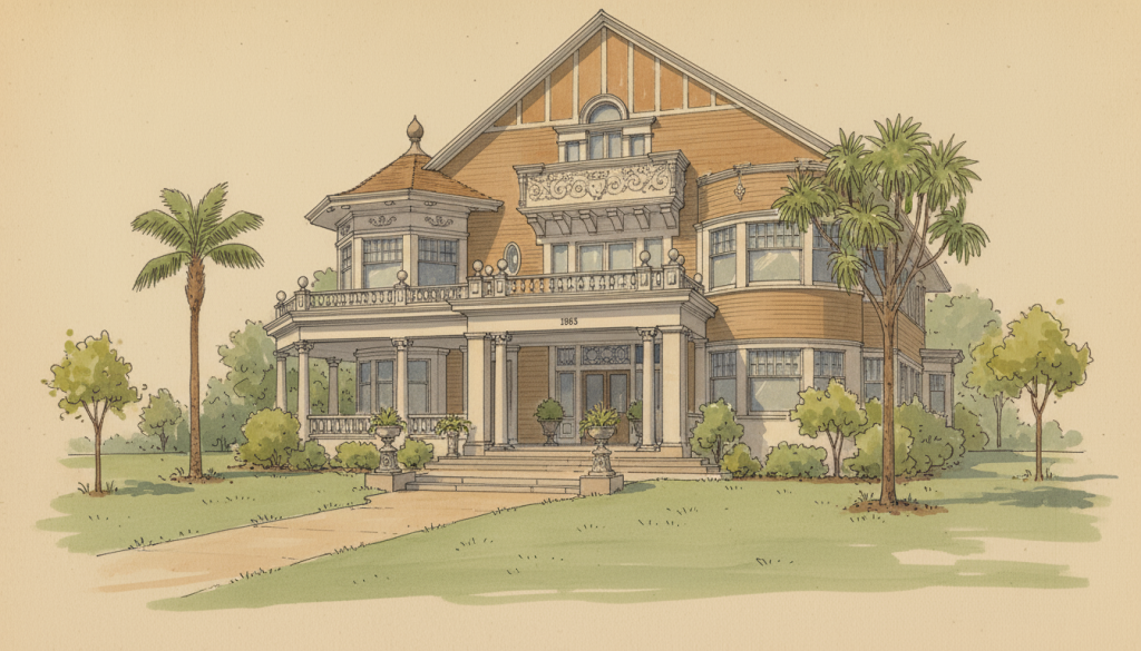 Stylized architectural perspective drawing of the Winthrop B. Fay House in the Arts and Crafts style, rendered in watercolor and pen-and-ink technique.