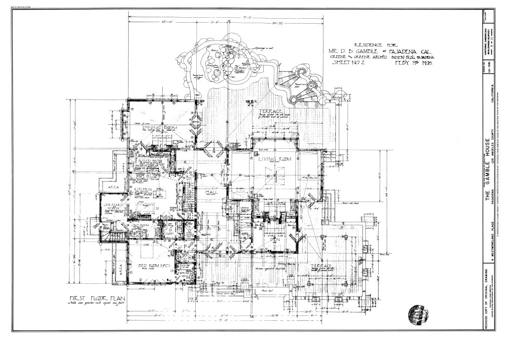 Original first floor plan architectural drawing by Greene and Greene dated February 5, 1908, for the residence of Mr. D. B. Gamble at Pasadena, California, Sheet No. 2, showing the detailed room layout including entrance hall, living room, dining room, kitchen, pantries, bedrooms, terraces, and sleeping porches, with extensive handwritten annotations indicating materials, finishes, built-in furniture locations, and construction specifications, plus the naturalistic garden design with curved pathways and pond feature, demonstrating the Greenes' comprehensive approach to integrating architecture and landscape
