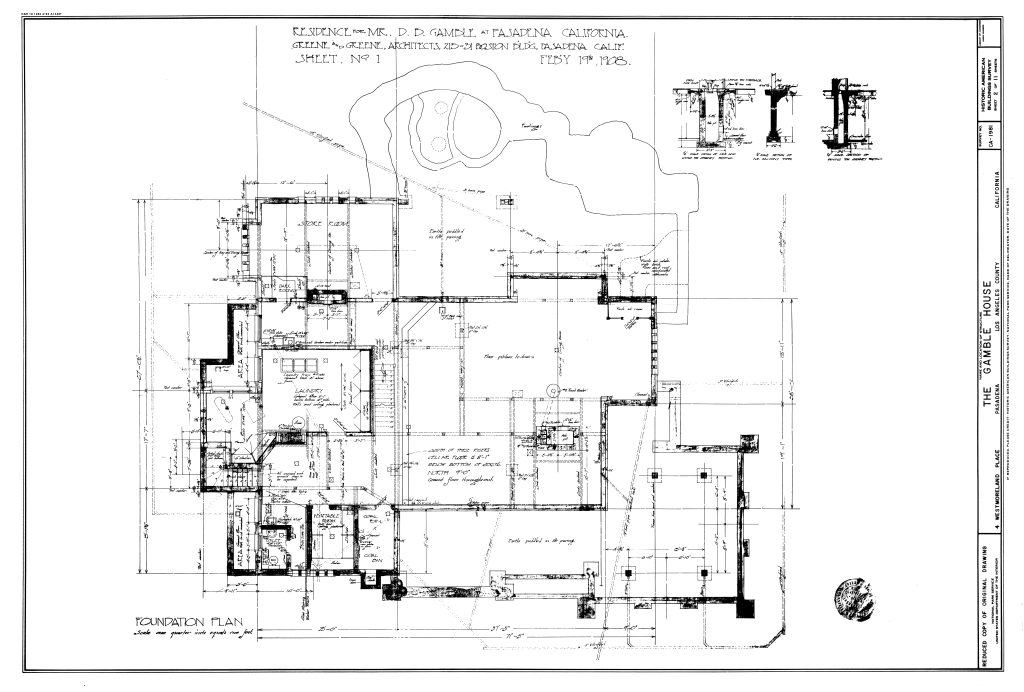 Original foundation plan architectural drawing by Greene and Greene dated February 5, 1908, for the residence of Mr. D. B. Gamble at Pasadena, California, Sheet No. 1, showing the complete foundation layout with detailed annotations of structural elements, room locations including living room, dining room, kitchen, bedrooms, terraces, and the naturalistic pond feature in the rear garden, with construction details and cross-sections in the upper right corner, demonstrating the complex asymmetrical plan and integration with the sloping site