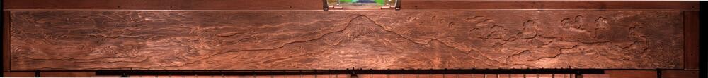 Panoramic frieze section depicting mountains, ocean, trees, and clouds in a comprehensive California landscape vista. The mural demonstrates the full scope of the frieze's narrative, transitioning from mountain peaks to coastal waters in harmonious tones.