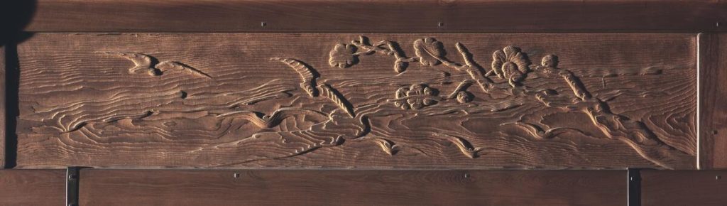 Frieze panel showing seagulls perched on a branch overlooking ocean waves. The composition combines avian and marine elements in a balanced arrangement, painted with the soft, tonal approach characteristic of Carl Schmidt's work for Greene and Greene.