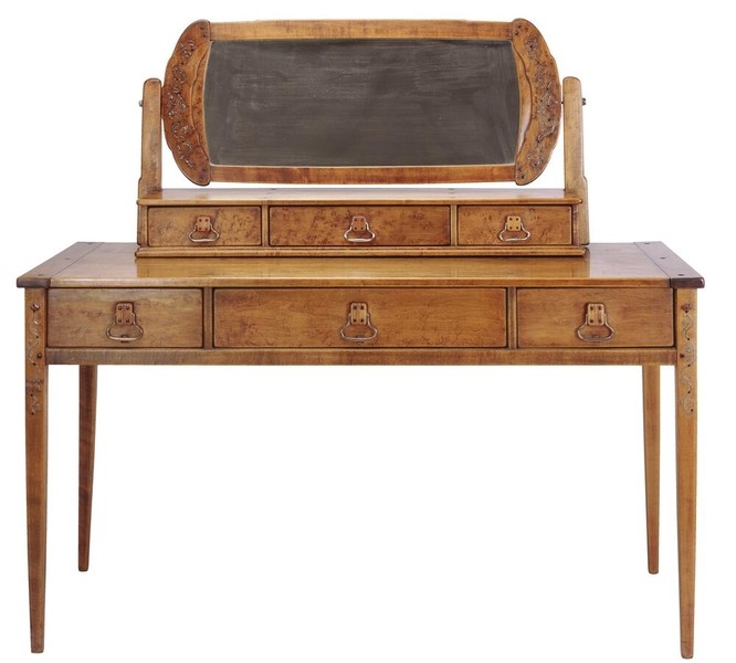 Greene and Greene designed dressing table from the Gamble House crafted by Peter Hall Manufacturing Company in Honduras mahogany and bird's-eye maple, featuring a tilting mirror with figured maple frame mounted on a raised letter box with three small drawers, main surface with three drawers all featuring cloud-lift copper pulls, tapered legs with square ebony pegs, silver and abalone shell inlay decorating the sides, and the characteristic rounded edges and meticulous joinery that exemplify the ultimate bungalow furniture aesthetic
