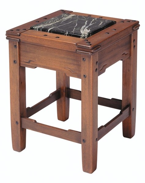 Hall taboret in Honduras mahogany with black and white veined marble top. Features sturdy square legs with lower stretchers, extensive visible pegging throughout the frame, and cloud-lift cutout details. Demonstrates Arts and Crafts emphasis on structural honesty and decorative joinery.