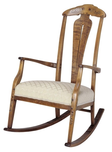 Greene and Greene designed rocking chair from the Gamble House crafted by Peter Hall Manufacturing Company in Honduras mahogany and bird's-eye maple, featuring a tall back with cloud-lift cutout handle at the crest rail decorated with silver and abalone shell inlay depicting stylized vine motifs, figured maple central splat with organic curved form, open arms with curved supports, upholstered seat in cream fabric with geometric quilted pattern, curved rockers, and square ebony pegs securing all joinery, demonstrating the brothers' integration of precious materials and decorative arts