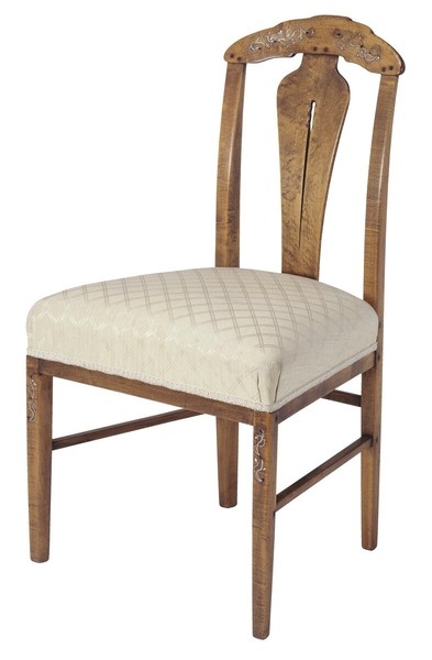 Greene and Greene designed side chair from the Gamble House crafted by Peter Hall Manufacturing Company in Honduras mahogany and bird's-eye maple, featuring a tall back with cloud-lift cutout handle at the crest rail decorated with silver and abalone shell inlay depicting stylized vine motifs, figured maple central splat showing the rich grain pattern, square ebony pegs throughout, stretchers connecting the legs, and an upholstered slip seat in cream fabric with geometric quilted pattern, exemplifying the ultimate bungalow furniture aesthetic