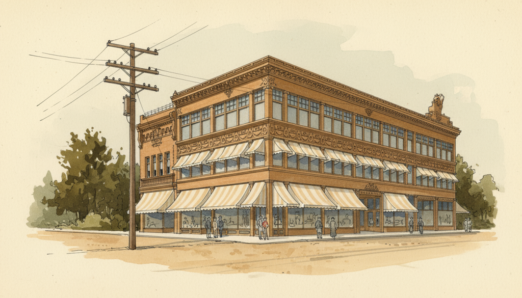 Stylized architectural perspective drawing of the Joseph N. Kinney Building in the Arts and Crafts style, rendered in watercolor and pen-and-ink technique.