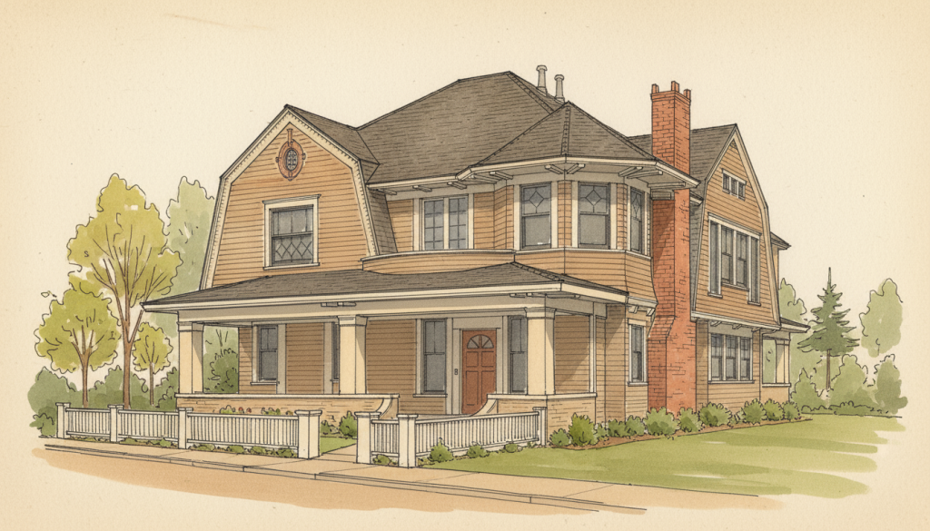 Stylized architectural perspective drawing of the Elizabeth A. McLean House in the Arts and Crafts style, rendered in watercolor and pen-and-ink technique.