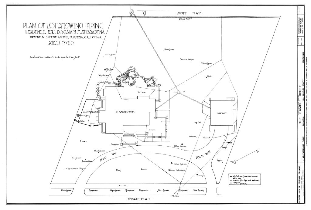 Historic architectural site plan drawing by Greene and Greene showing property layout for D.B. Gamble residence in Pasadena. Hand-lettered plan depicts main residence, garage, landscaping elements including lawns, terraces, and plantings, with property boundaries along Scott Place and private road.