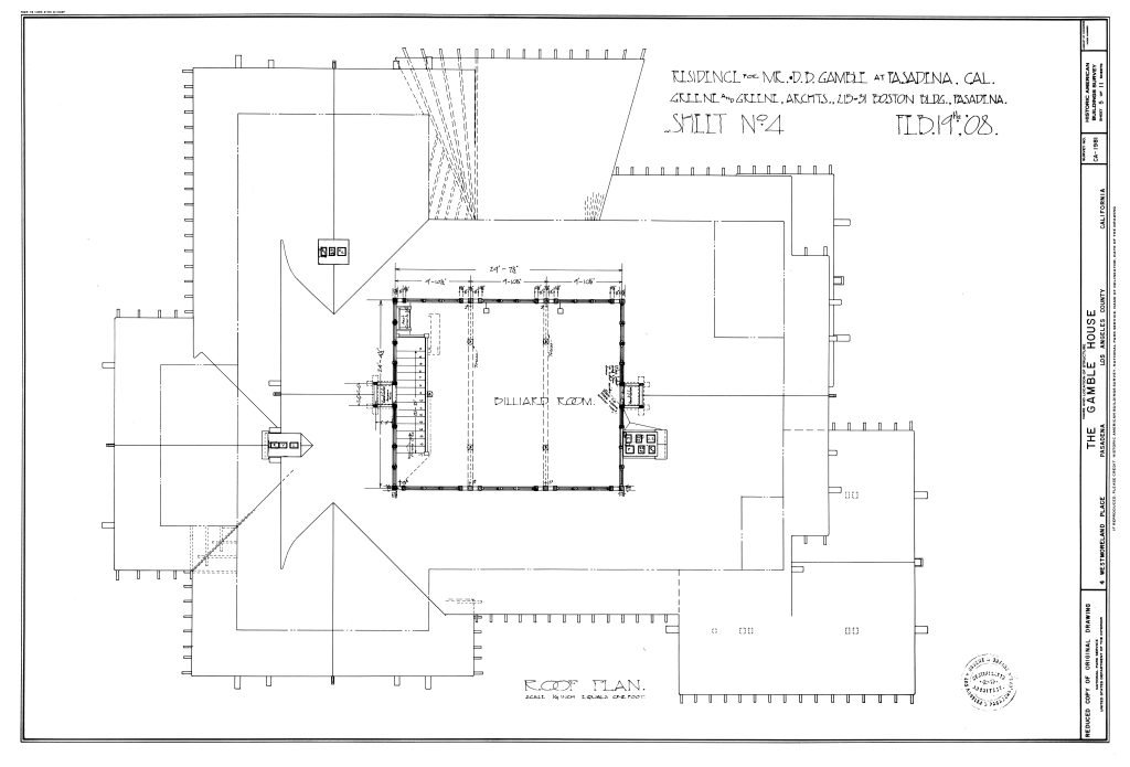 Architectural roof plan drawing for Gamble House showing complex multi-level roofline with billiard room prominently labeled. Technical drawing includes structural details, dimensions, and Greene and Greene's characteristic hand-lettered annotations. Sheet numbered 4, dated February 1908.