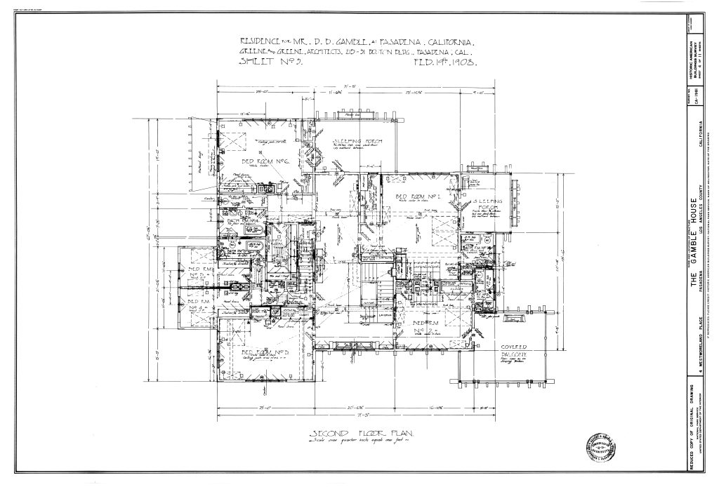 Detailed second floor architectural plan for Gamble House showing bedroom layouts, sleeping porch, and covered balcony. Technical drawing features extensive annotations, dimensions, and structural details in Greene and Greene's distinctive hand-lettering style. Sheet numbered 5, dated February 1908.