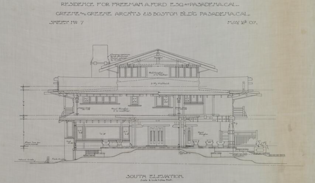 Architectural elevation drawing of the south facade of the Freeman A. Ford House.