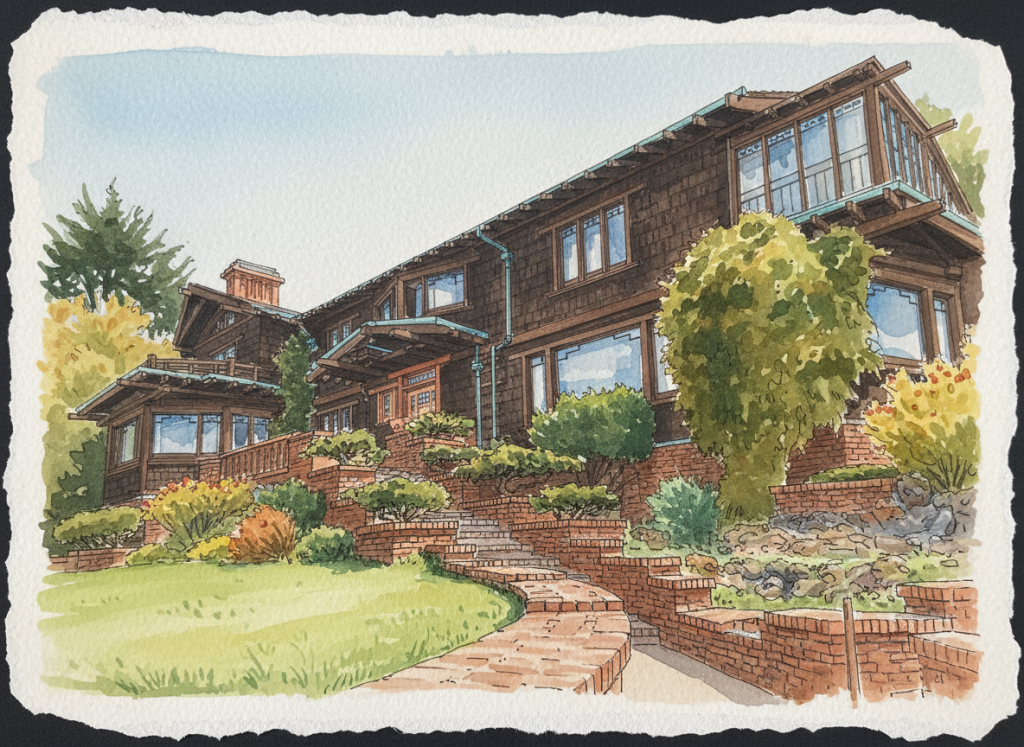 Watercolor perspective drawing of Thorsen House showing terraced brick landscaping, wood shingle siding, and horizontal massing