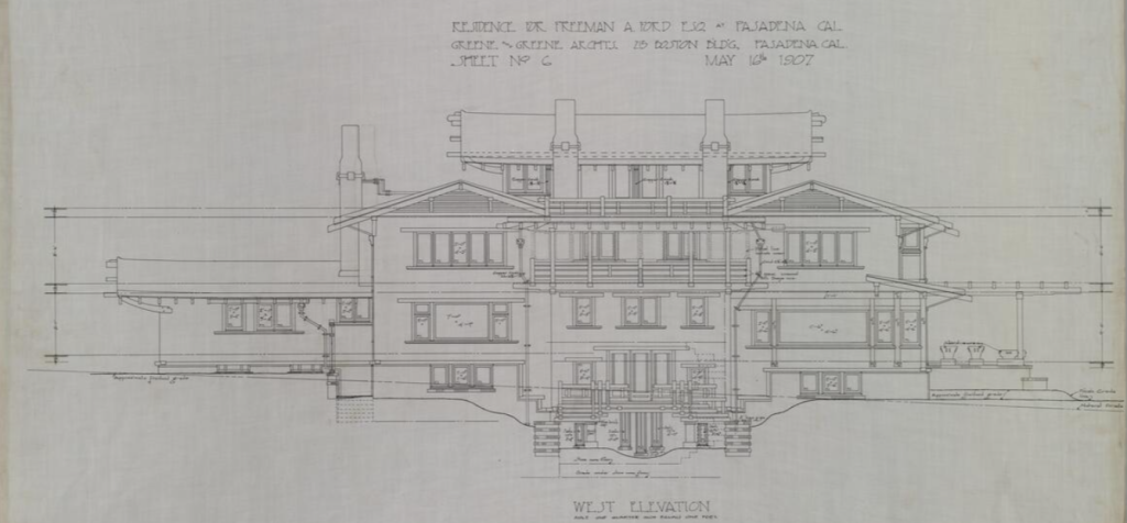 Architectural elevation drawing of the west facade of the Freeman A. Ford House.