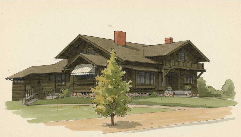 Watercolor and pend drawing of the Mrs. C. A. Whitridge House designed by Greene & Greene and built in 1904.
