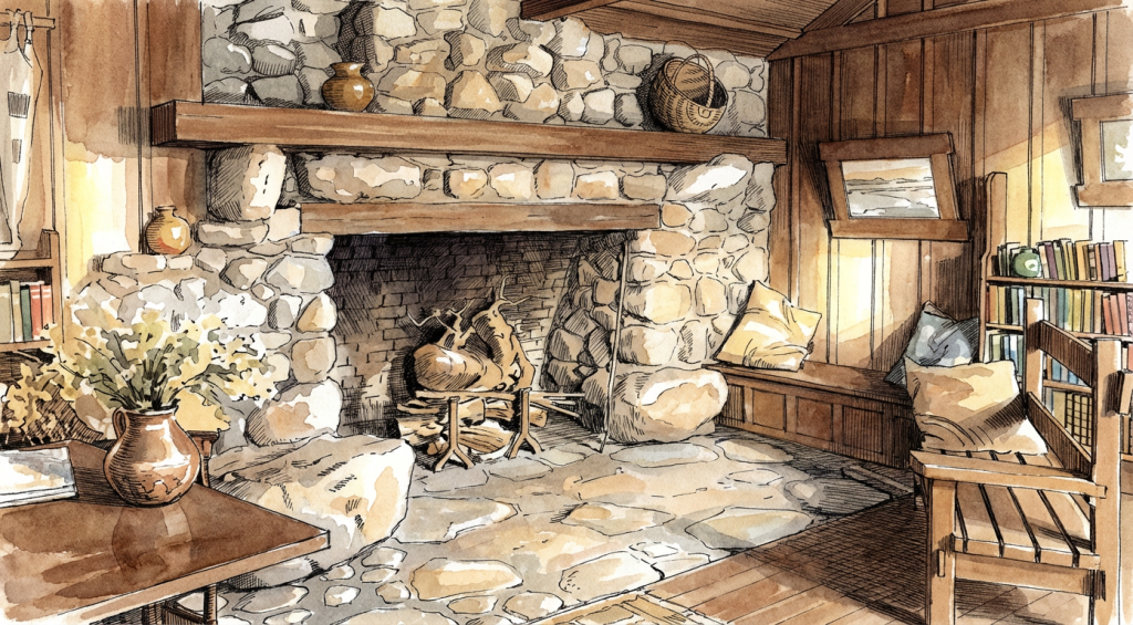 Watercolor and pen drawing of the Edgar W. Camp house designed by Greene & Greene and built in 1904 in Sierra Madre, CA.
