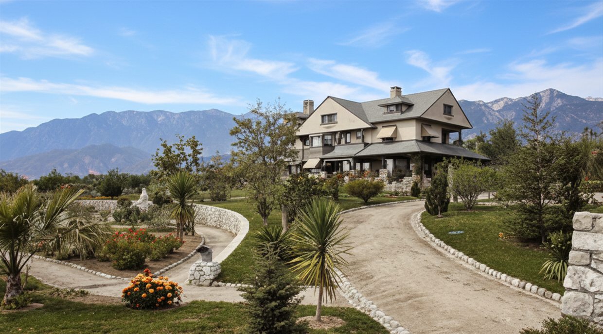 Rendered historic photograph showing a distant view of the Mrs. George G. Guyer House which was redesigned in the Arts & Crafts style.
