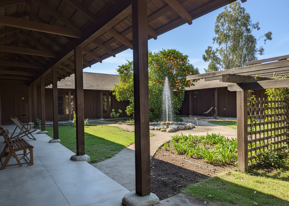 Rendered historic photograph of Arturo Bandini House central courtyard by Greene and Greene showing U-shaped plan with corredores and Spanish-influenced architecture