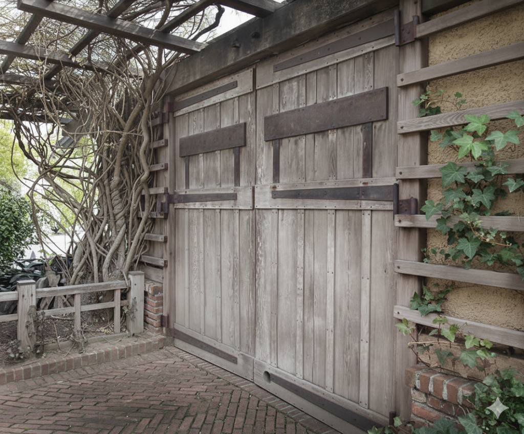Weathered board-and-batten garage doors with decorative hinges, overgrown wisteria pergola, and brick courtyard