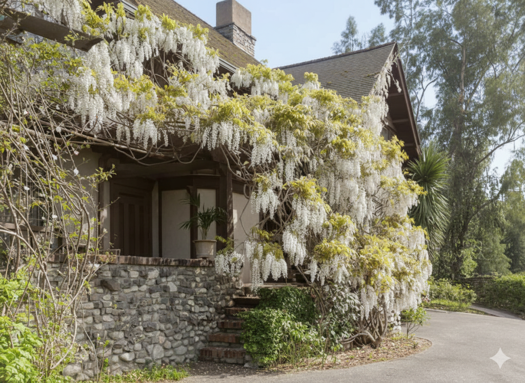 Historic front view with overgrown vegetation, wisteria-covered pergola, stone columns, and mature garden plantings