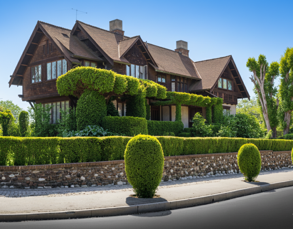 Historic front view with overgrown wisteria on pergola, stone columns, brick terrace, and lush mature landscaping