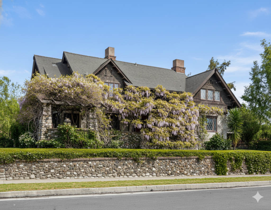 Historic pergola with massive stone and brick columns, exposed timber beams, overgrown wisteria, and brick terrace