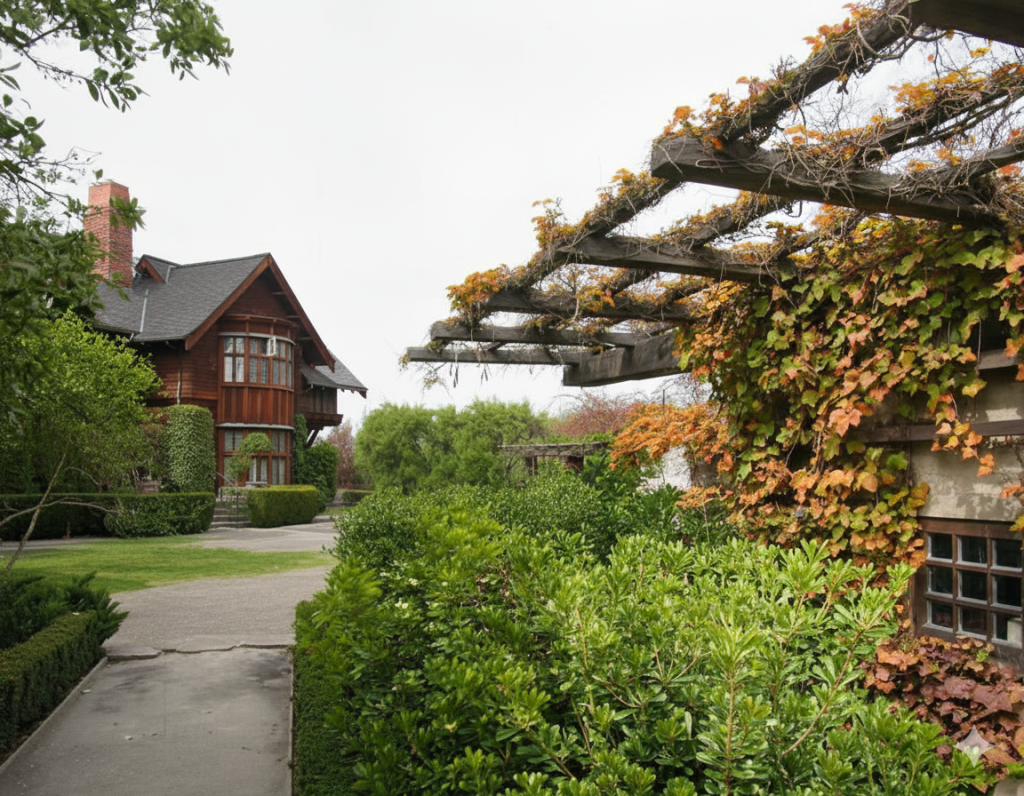View from pergola and garage looking back at house showing stone columns, timber beams, and brick paver courtyard