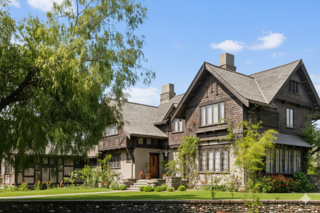 Historic perspective view of Craftsman house with complex rooflines, multiple gables, stone foundation, and gardens