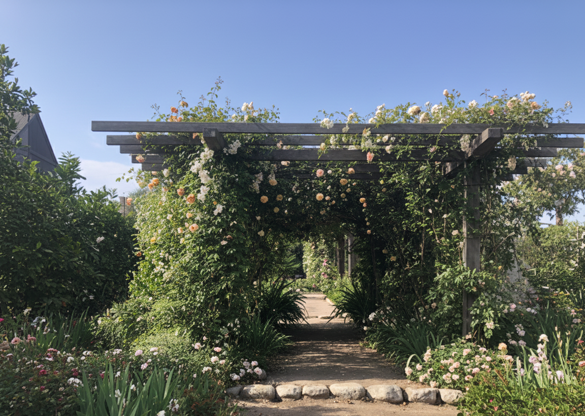 Rendered historic photograph showing the garden entrance to the Mrs. C. A. Whitridge House with stone pathways, mature plantings, and a pergola structure creating an intimate outdoor living space.