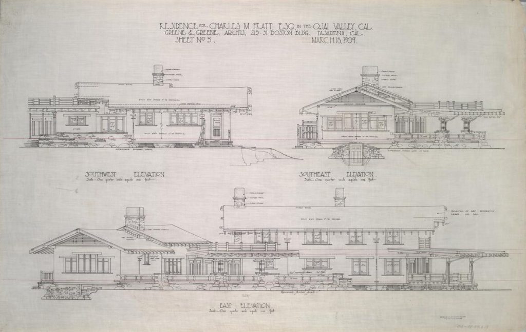 Greene and Greene architectural elevations dated March 1909 showing east, southwest, and southeast views of the Pratt House.