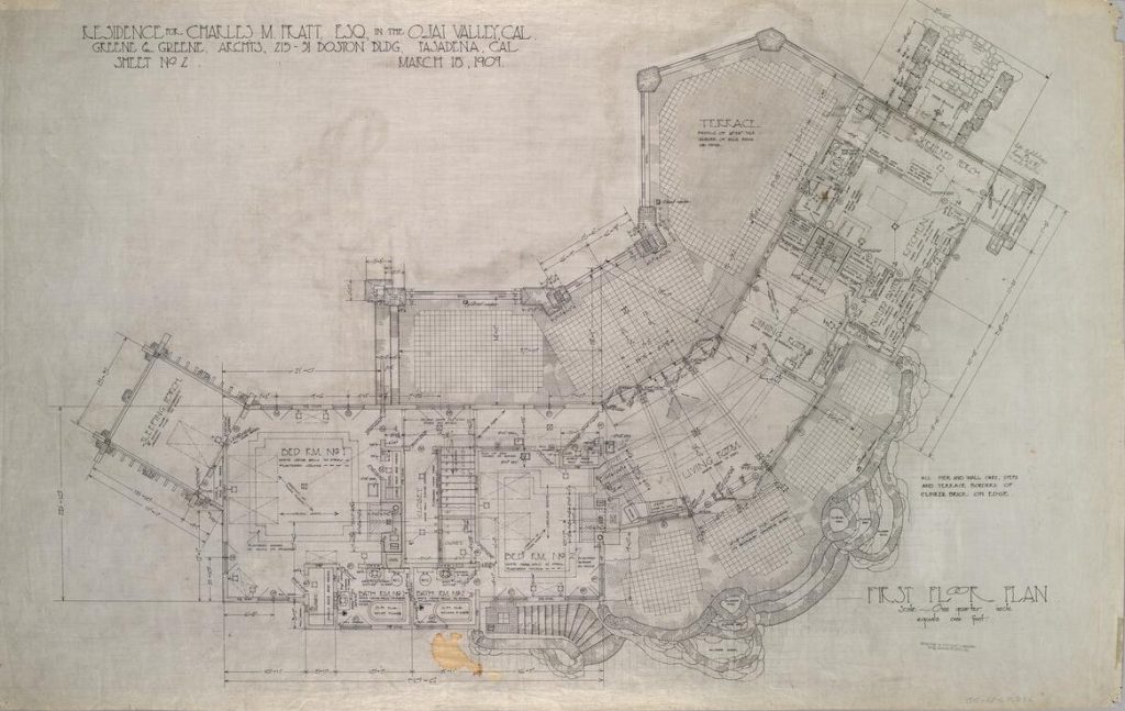 First floor plan dated March 1909 showing the V-shaped layout with expansive terraces embracing the Ojai Valley landscape.