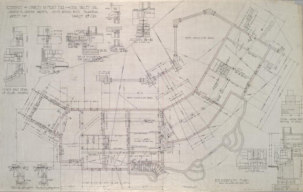 Foundation plan dated March 1909 revealing the structural system and hillside integration of the Pratt House design.