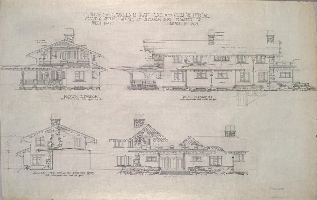 North and west elevation drawings dated March 1909 showcasing timber framing and river rock foundations of Casa Barranca.