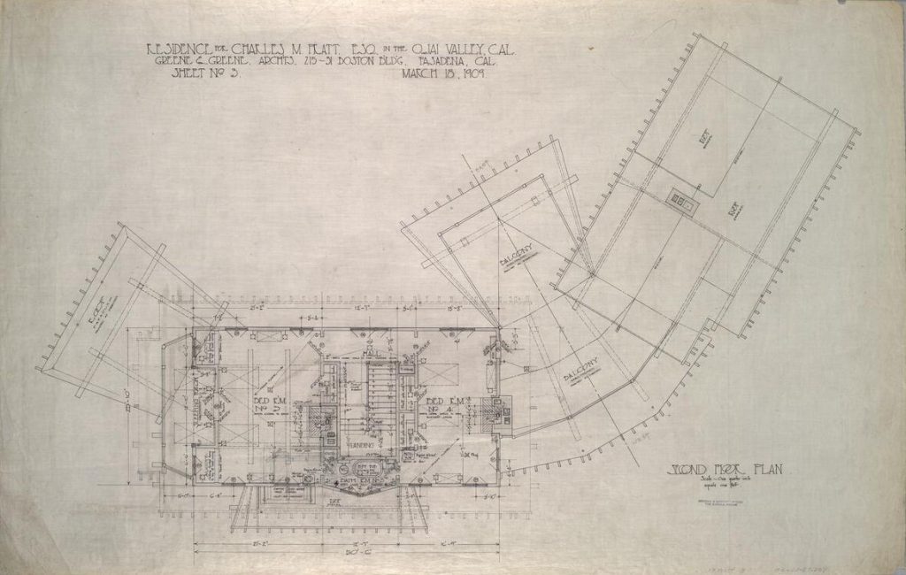 Second floor plan dated March 1909 showing bedroom layout and sleeping porches designed for healthful Ojai living.
