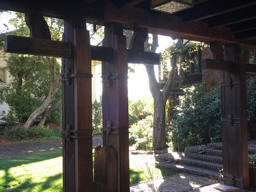 Alternate view of temporary supports beneath Thorsen House sun deck highlighting deferred maintenance and restoration needs