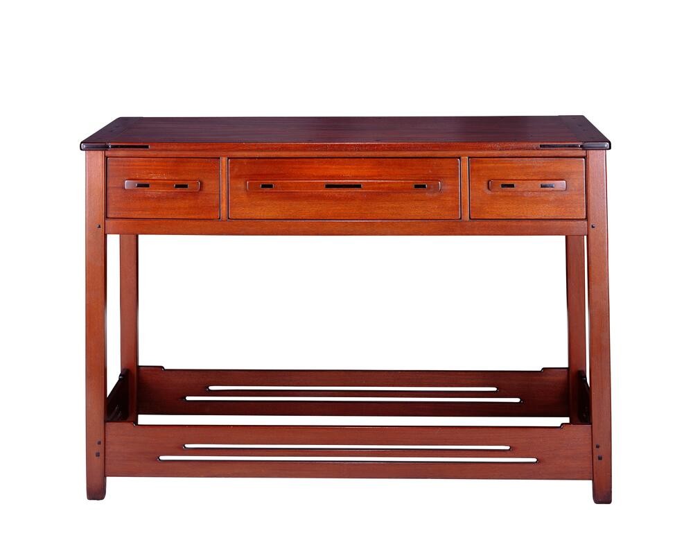 Greene & Greene serving table for Thorsen House with three drawers, lower shelf, cloud lift details, and ebony pegs