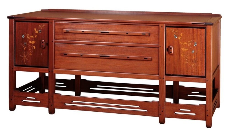 Greene & Greene sideboard for Thorsen House with inlaid cabinet doors, drawers, lower shelf, and trailing vine motifs