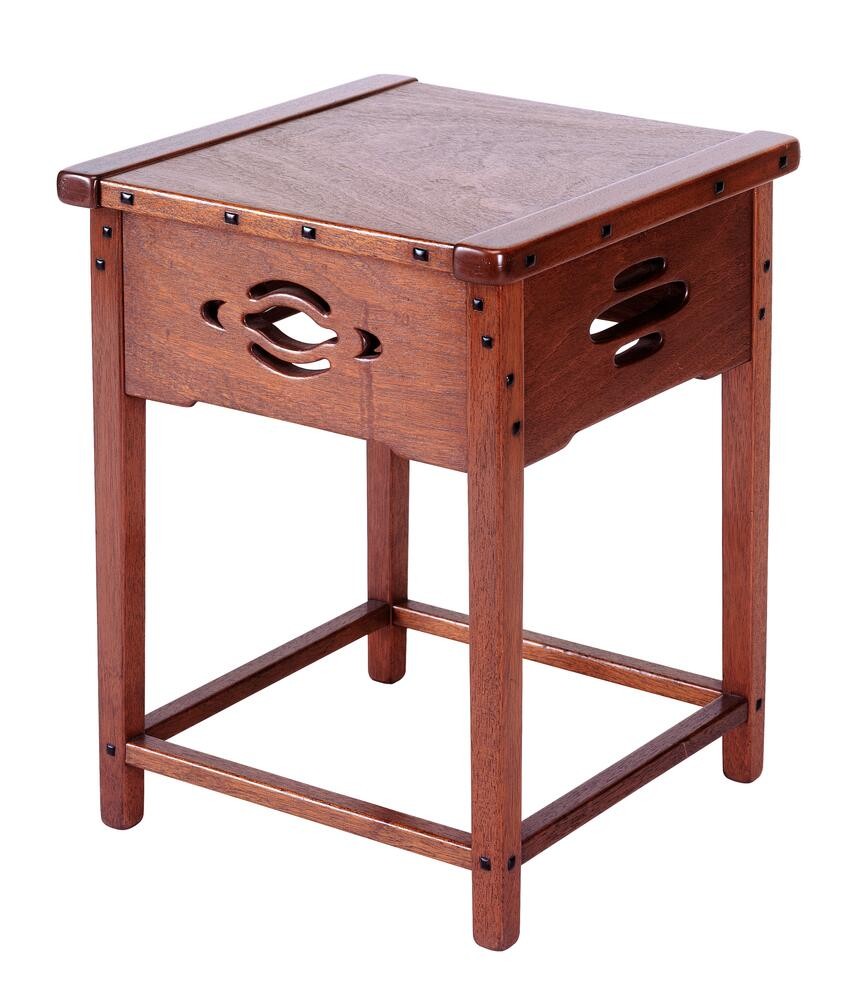 Greene & Greene taboret for Thorsen House with cloud lift cutouts, square top, lower shelf, and ebony peg details