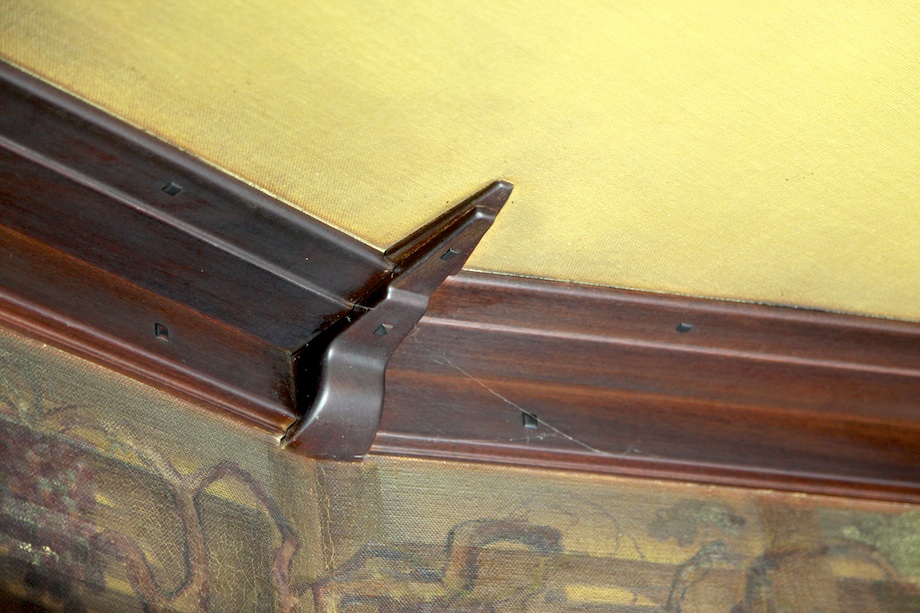 Detail of Thorsen House dining room crown molding showing interlocking mahogany joinery and Arts & Crafts craftsmanship
