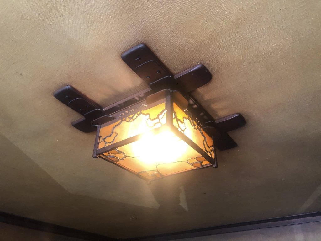 Illuminated Thorsen House dining room ceiling fixture with cloud lift art glass, timber frame, insisted by William Thorsen