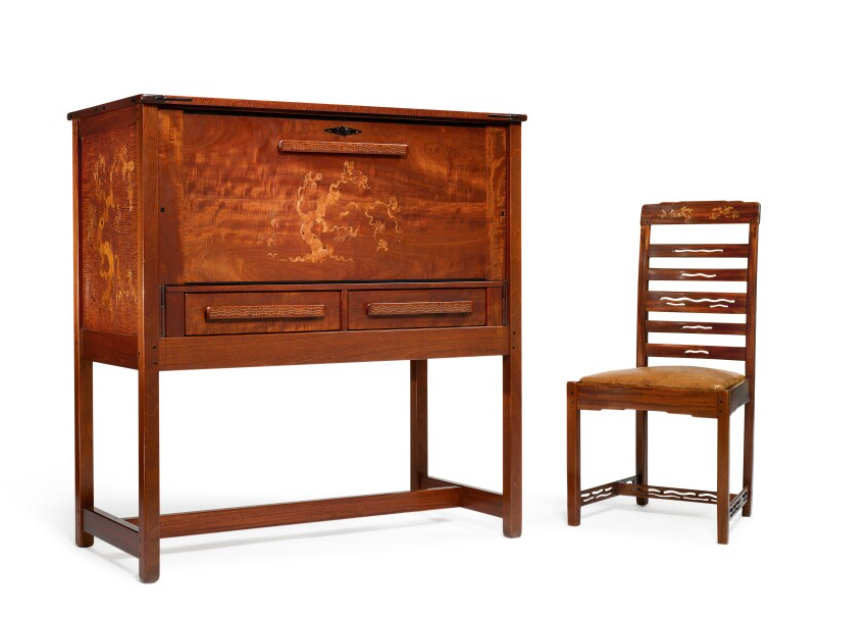 Greene and Greene fall-front desk with floral inlay and matching ladder-back chair, exemplifying integrated furniture design.