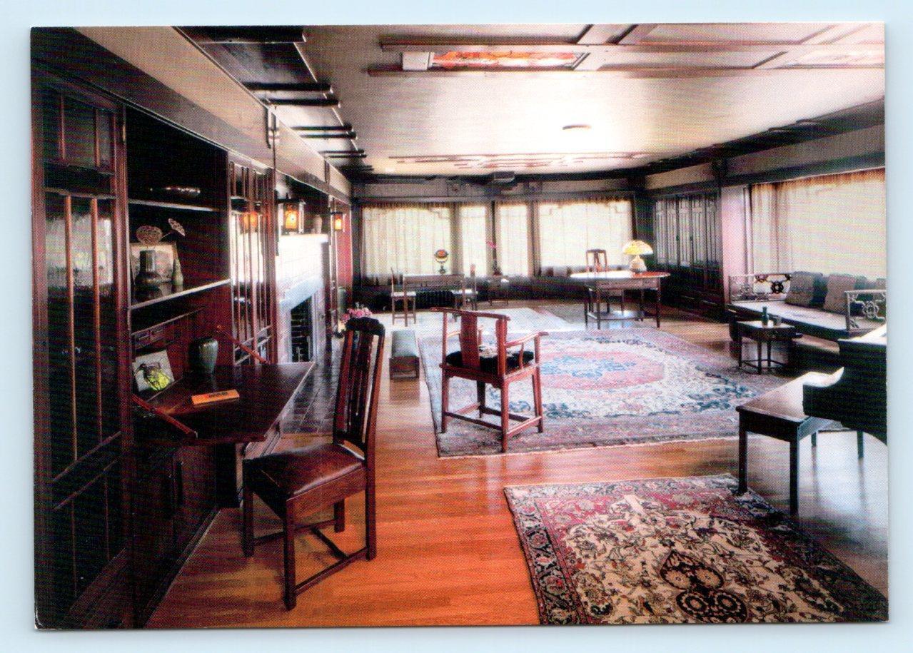 Historic view of Thorsen House living room with complete Greene & Greene furniture suite, Oriental rugs, and cabinetry
