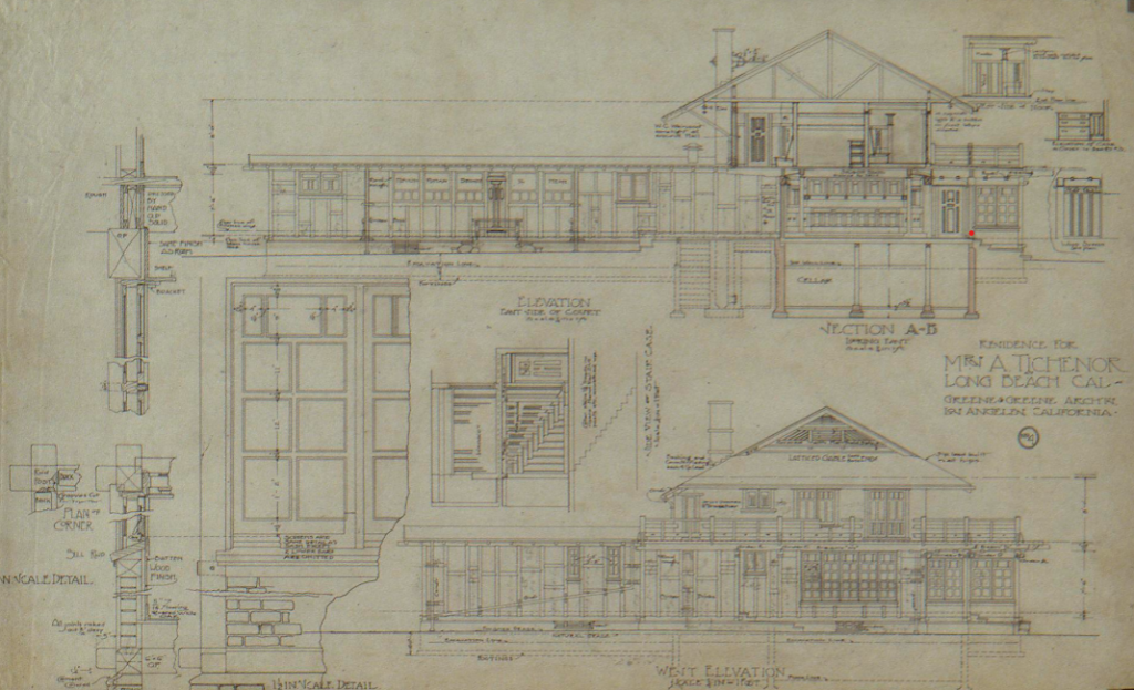 East courtyard elevation architectural drawing by Greene & Greene showing Japanese-inspired design details, 1904-1905