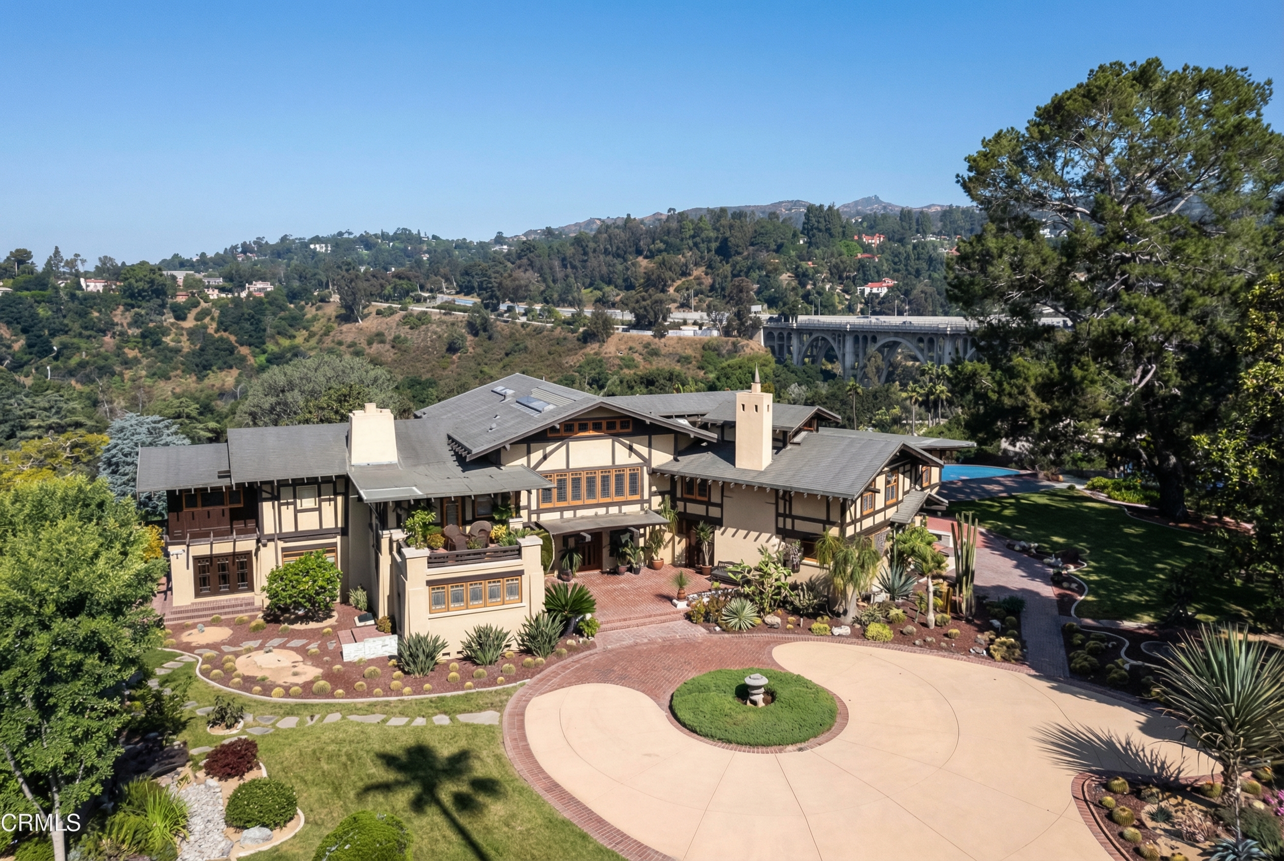 Aerial photograph of the Laurabelle A. Robinson House showing entire property, pool, gardens, and Arroyo Seco location