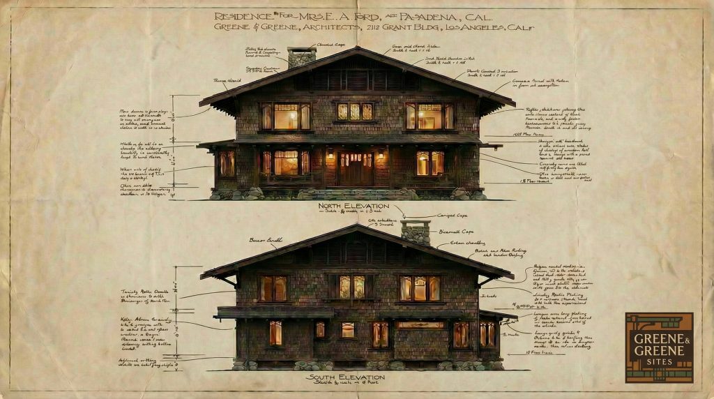 Architectural rendering of the Mrs. E. A. Ford House designed by Greene & Greene in 1905 and never built.