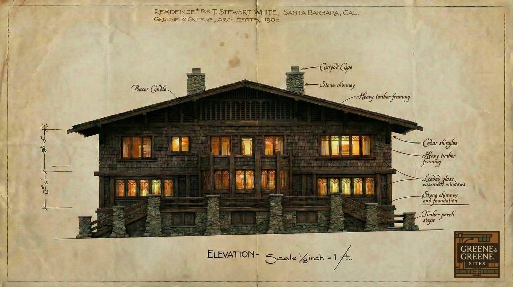 Architectural rendering of the T. Stewart White house designed by Greene & Greene in 1905 and never built.