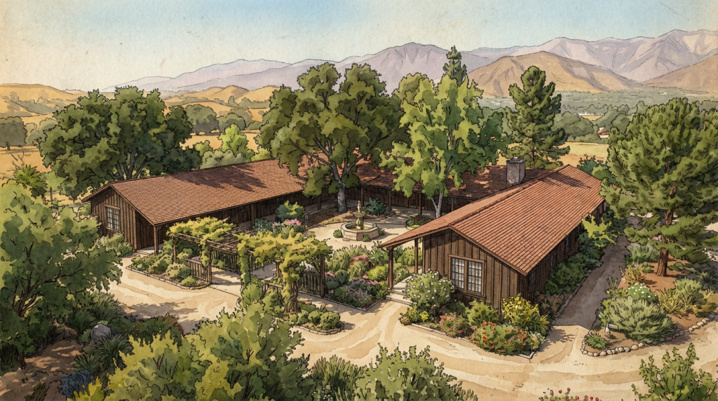 Watercolor and pen drawing of the Arturo Bandini house designed by Greene & Greene and built in 1903.