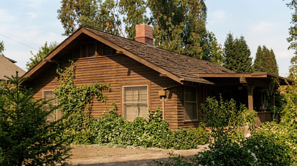 Alternate view of Edith Claypole House showing horizontal wood siding, brick chimney, and mature eucalyptus trees behind