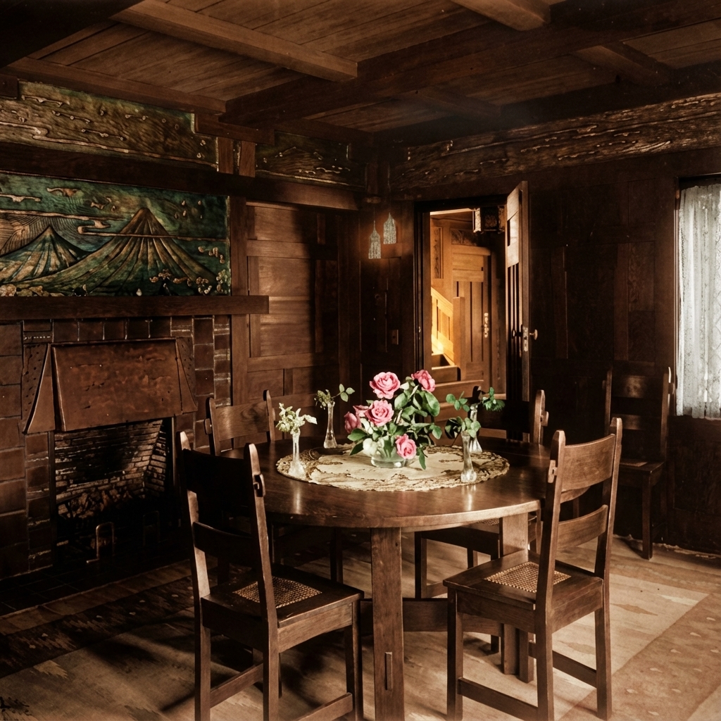 Historic dining room with dark wood paneling, coffered ceiling, carved frieze, fireplace, and round dining table